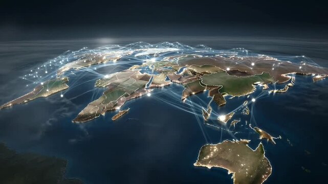 Glowing connections and city lights on a nighttime global map