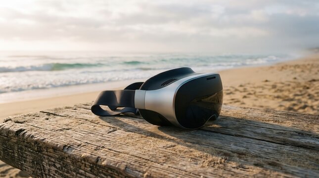Virtual reality headset on driftwood with ocean view technology and immersive experience