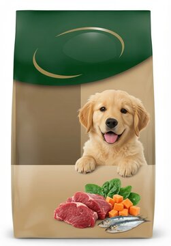 Golden retriever dog on a bag of natural dog food with fresh meat and fish