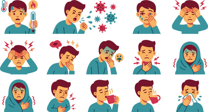 Medical Symptom and Sick Patient Icon Set Featuring Flu Illness Fever Headache Cough Sore Throat and Cold Infection Vector Elements