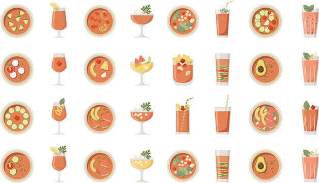 Minimal flat vector illustration set of refreshing cocktails and gourmet soups for restaurant menu design icons
