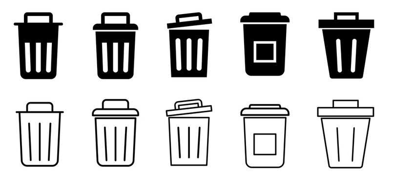 trash bin icon set with garbage can waste basket and recycle vector collection