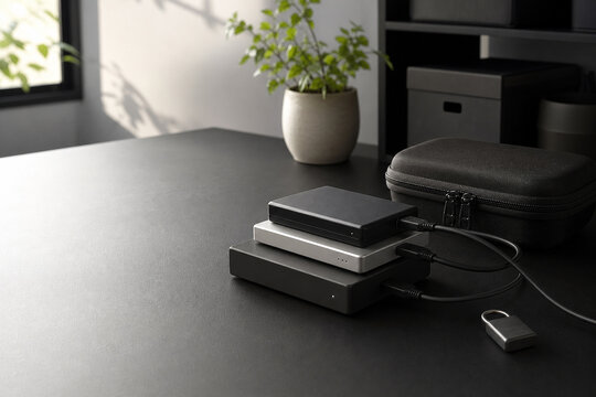 Secure Data Backup Hardware Desk with Natural Morning Light
