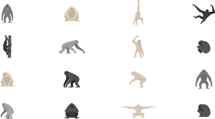 Minimalist vector set of various monkey poses and silhouettes for wildlife education and graphic design projects © MDTOFIZUL