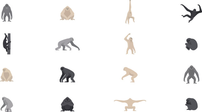 Minimalist vector set of various monkey poses and silhouettes for wildlife education and graphic design projects