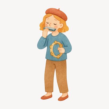 Child playing harmonica tambourine illustration.