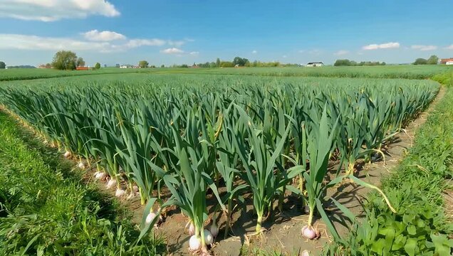 Spectacular high altitude 4K drone perspective soaring over a massive agricultural plantation of green garlic showcasing the immense geometric patterns rows of cultivated crops and vast scale of