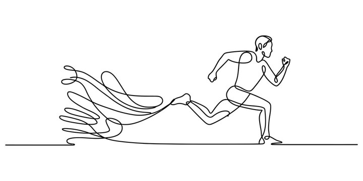 Continuous single line drawing of a man running fast with motion speed lines
