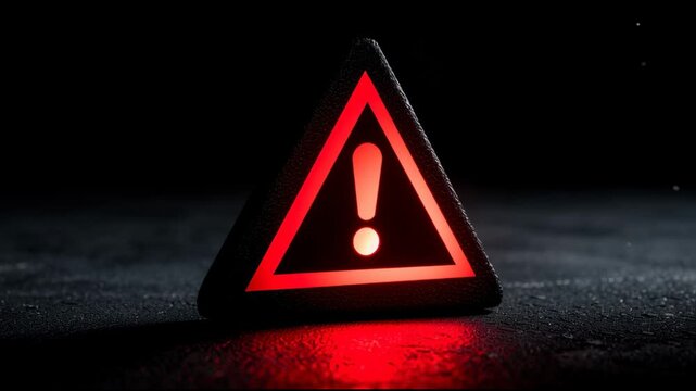 A photography error message symbol shows up on a dark screen. The symbol is bright and red with a triangular shape.
