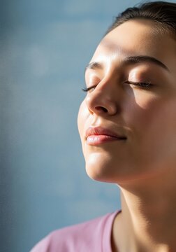 A close-up profile portrait of a calm young woman with closed eyes enjoying the warm sunlight on her face