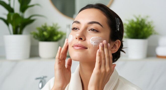 A happy young woman in a bathrobe applying white cosmetic cream or face mask to her cheeks in a bright bathroom with green plants