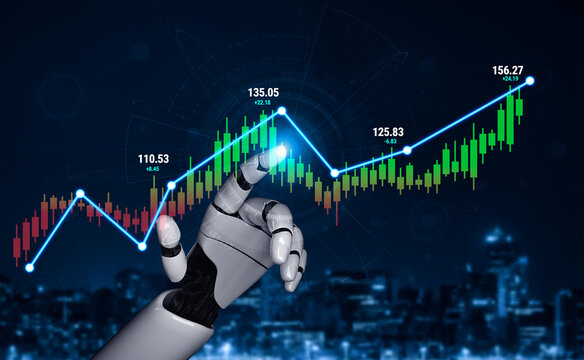 Futuristic robotic hand touching digital financial chart with ascending graph and data points representing stock market growth and trends in technology Quark.