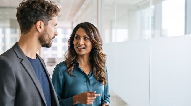 Attractive Indian businesswoman talking to male colleague in modern corporate office corridor, diverse coworkers discussing business project strategy, professional team partnership.