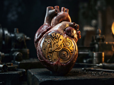 Surreal mechanical biological composition capturing the passage of time mortality heart health pace and artificial life modification concepts