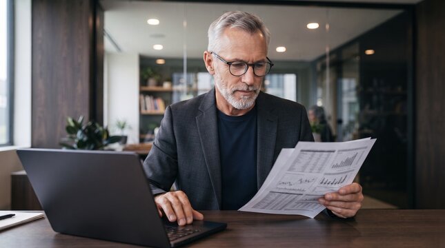 Senior businessman wearing glasses analyzing financial charts document paper at office desk with laptop mature corporate executive leader managing investment data accounting strategy plan