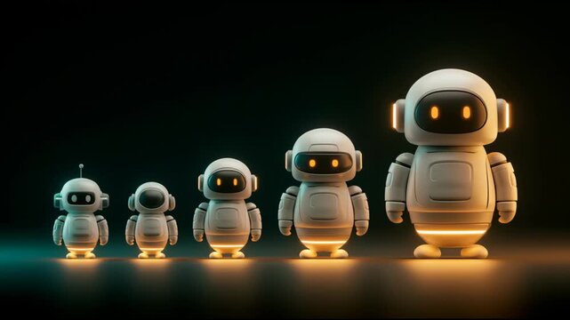 Robots in various stages of development show the journey of conversational AI from simple designs to advanced forms.