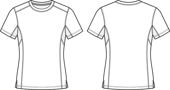 Women slim fit athletic t shirt technical fashion vector sketch template featuring front and back views.