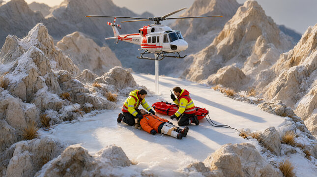 Cinematic Miniature Diorama of Alpine Air Rescue Team Assisting an Injured Climber with Hovering Helicopter
