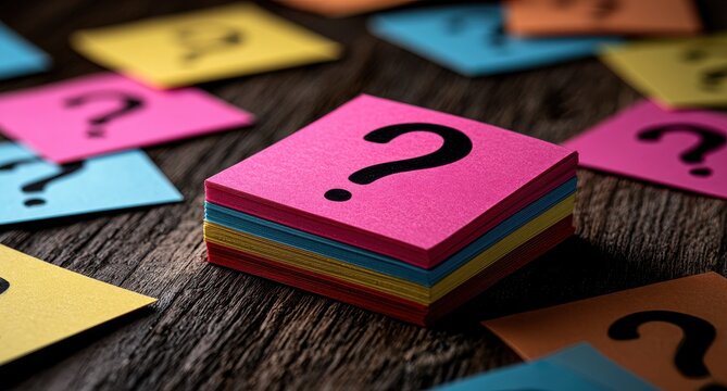 A stack of colorful paper notes with question marks on a rustic dark wooden table. Concept for problem solving and.