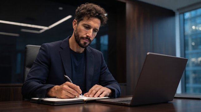 Focused young male entrepreneur writing in notebook while working on laptop computer at office desk, handsome concentrated businessman analyzing financial data, professional corporate career