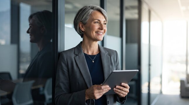 Smiling mature businesswoman holding digital tablet in corporate office, happy senior female executive leaning on glass wall portrait, professional middle aged manager career success