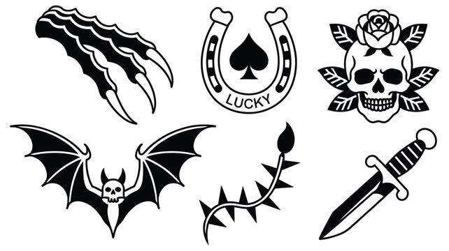 Old School Tattoo Flash Vector Set Including Skull, Bat, Eye, Dagger, Lucky Horseshoe, Moon, and Claw Design Elements