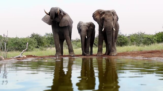 Three African bush elephants drinking front view in waterhole  in Greater Kruger National park, South Africa ; Specie Loxodonta africana family of Elephantidae