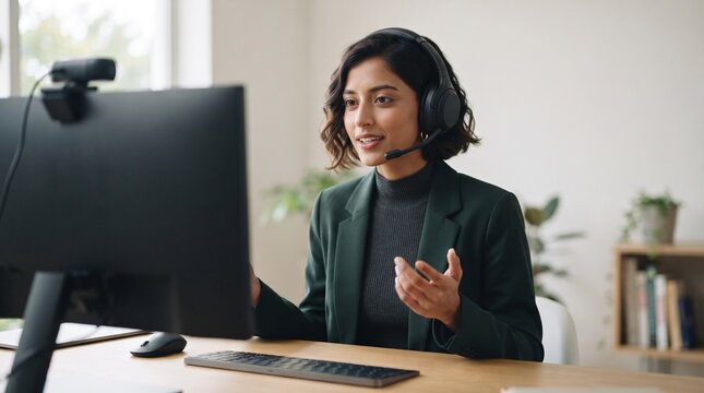 Professional Indian businesswoman in headset gesturing during online video call on computer in office, female customer support agent consulting client, remote work communication concept.