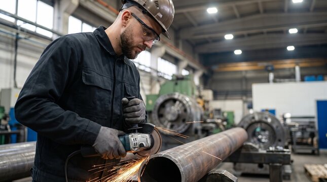 Professional industrial worker using angle grinder on steel pipe in factory workshop. Male metalworker in hardhat and safety glasses cutting metal with power tool. Golden sparks flying.