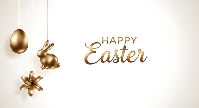 Golden easter decorations egg bunny and lily on elegant cream background