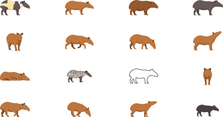 Obraz premium Collection of flat vector icons featuring various tapir species in different poses, styles, and color variations
