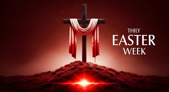 Dramatic easter cross with red fabric and glowing light illustration