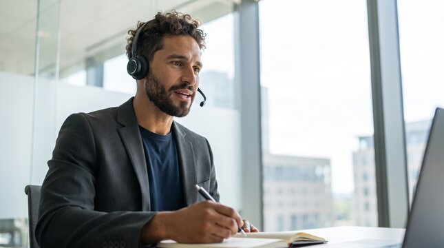 Successful Hispanic businessman in headset working on laptop and writing notes in modern office, professional call center agent or financial advisor consulting client online.