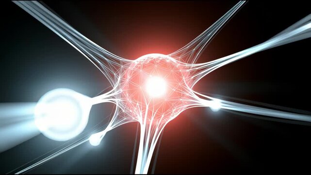 Digital space shows how nodes connect and interact dynamically in a network of lights. The visual focuses on movement and connection patterns.