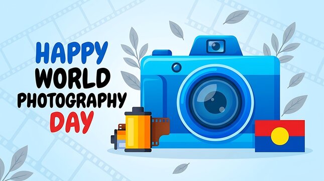 Happy world photography day celebration with camera and film