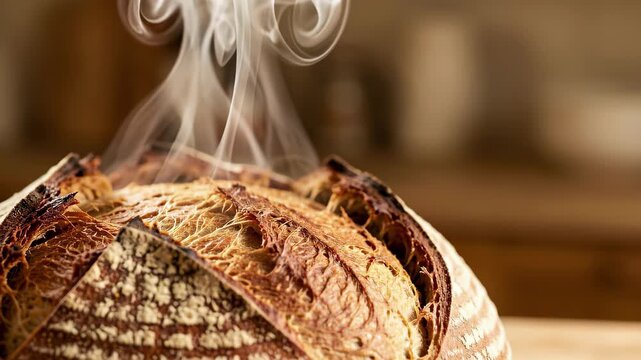 Steaming Rustic Bread Loaf Fresh From Oven.