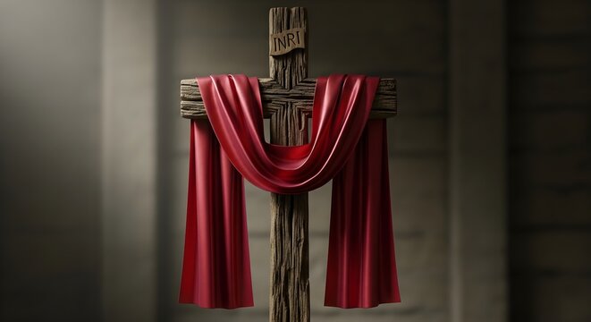 Dramatic rendering of a wooden cross with red fabric draping
