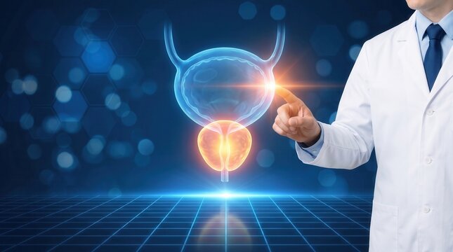 Prostate health medical concept with doctor pointing at digital hologram, urology bladder anatomy illustration, futuristic healthcare technology