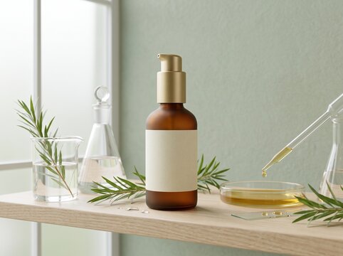 Amber glass cosmetic pump bottle with blank label, natural skincare product mockup in laboratory setting, organic beauty serum with rosemary herbs