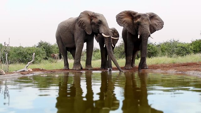 Three African bush elephants drinking front view in waterhole  in Greater Kruger National park, South Africa ; Specie Loxodonta africana family of Elephantidae