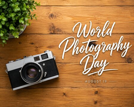 World Photography Day August 19 celebration with camera on wood