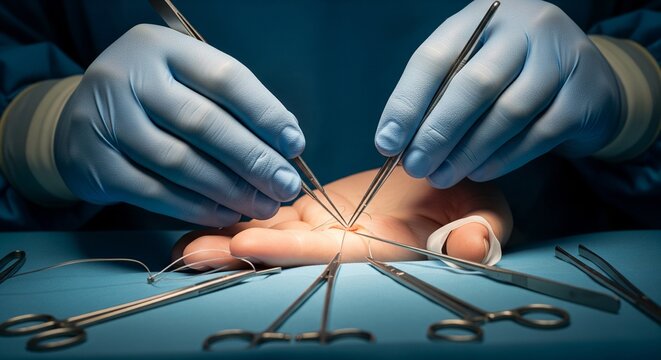 Close up of surgeon hands stitching a hand wound