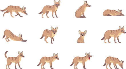 Obraz premium Collection of flat vector illustrations featuring a wild aardwolf in various poses and natural animal behaviors