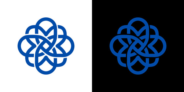Abstract Celtic knot geometric logo design with blue infinity loop pattern on white and black backgrounds