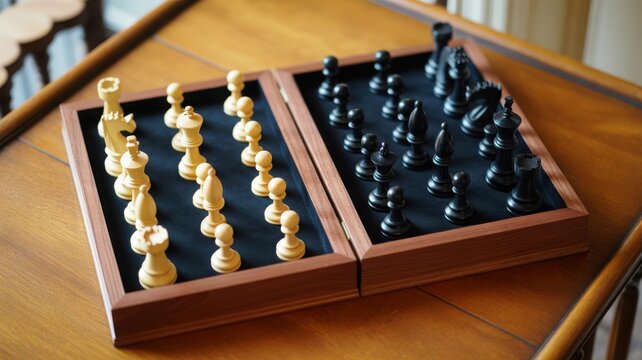 Chess game in progress on a wooden table with a close-up view of the board and pieces