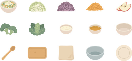 Scandinavian style flat vector icon set featuring fresh cabbage, broccoli, apple slices, and kitchen utensils. © MDTOFIZUL