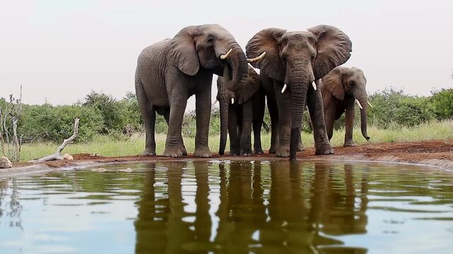 Four African bush elephants drinking front view in waterhole  in Greater Kruger National park, South Africa ; Specie Loxodonta africana family of Elephantidae