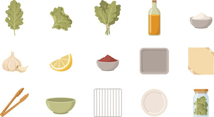 Scandinavian style kitchen ingredient icons featuring leafy greens, garlic, oil, spices, and essential baking tools © MDTOFIZUL
