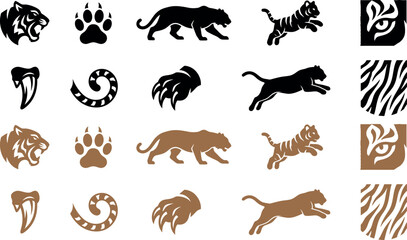 Fototapeta premium A comprehensive set of tiger themed vector icons and graphic elements including roaring heads, paw prints, jumping bodies, tails, fangs, and abstract striped skin patterns.