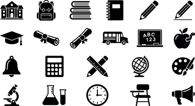 A comprehensive collection of twenty-four minimalist black vector icons representing various educational tools, school supplies, academic symbols, and classroom objects on a clean white background.